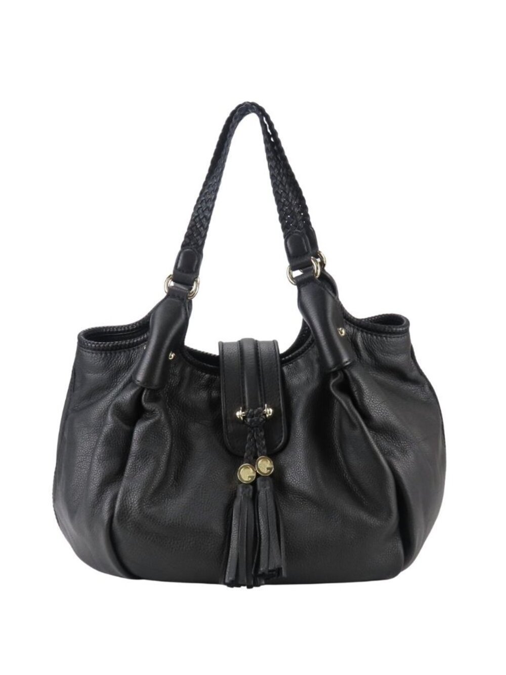 Gucci Tote Bag Marrakech Leather Black Gold Shoulder Fringe Braided